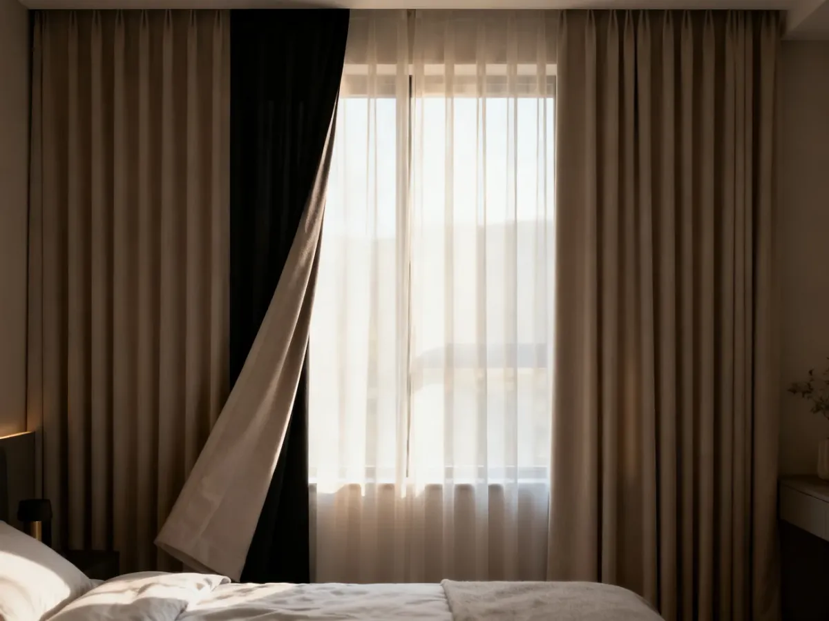 Blackout and dimout curtains in a modern bedroom