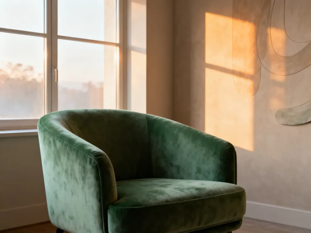 Nowoczesny salon z szałwiowym fotelem i miękkim światłem, tworzący kojącą atmosferę sprzyjającą relaksowi.