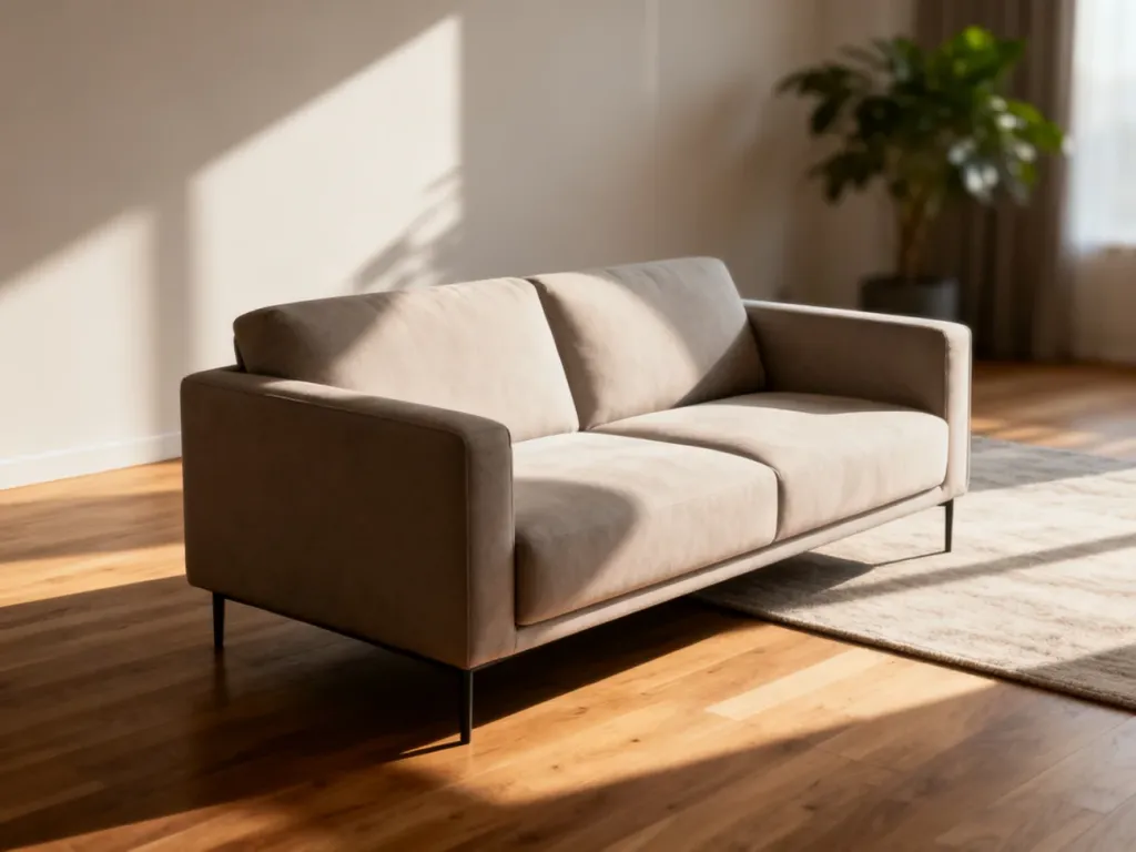 Nowoczesna, minimalistyczna sofa w centrum salonu, prezentująca proporcje idealne do aranżacji wnętrza.