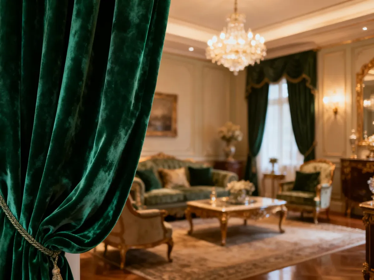 Deep green velvet curtains in an elegant living room
