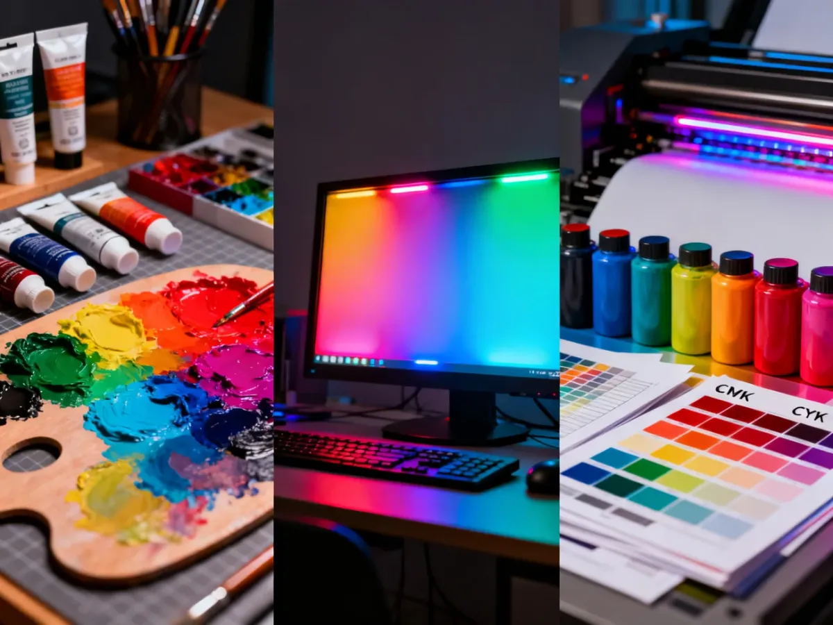 Porównanie mieszania farb, świateł RGB i kolorów CMYK