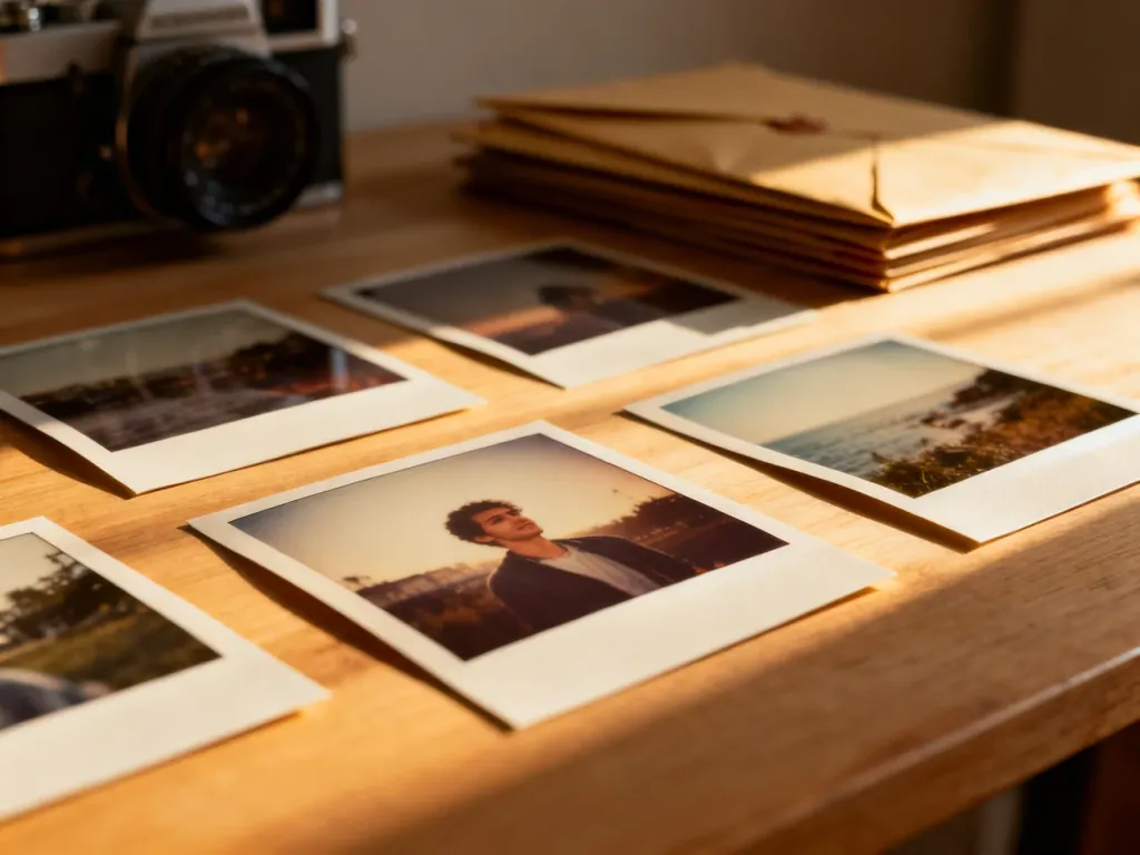 Odbitki fotograficzne w różnych formatach ułożone na drewnianym stole w profesjonalnym studiu.