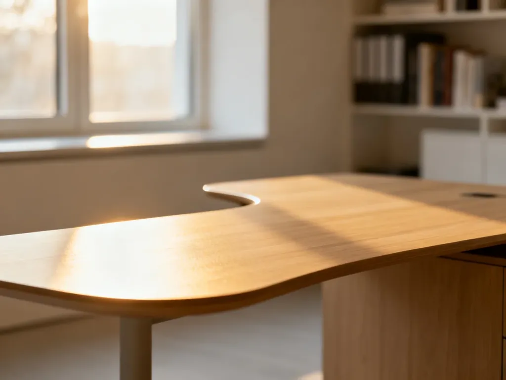 Minimalistyczne drewniane biurko w nowoczesnym biurze domowym, ukazujące przestrzeń roboczą w świetle poranka.