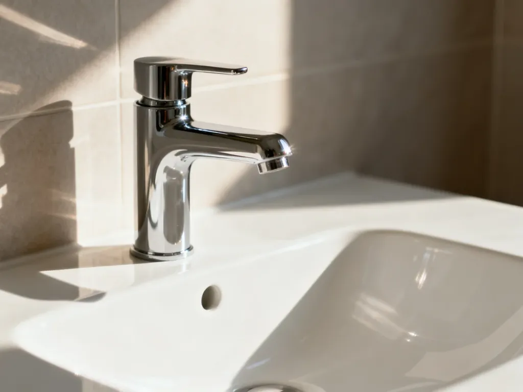 Nowoczesna biała umywalka ceramiczna z minimalistyczną chromowaną baterią w jasnej łazience.